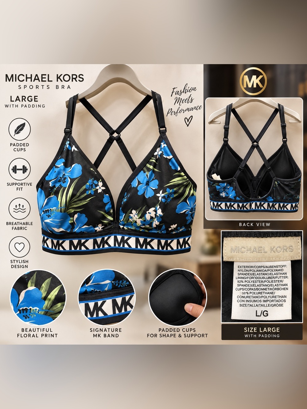 Michael Kors Black Floral Sports Bra with Blue Accents SIZE LARGE